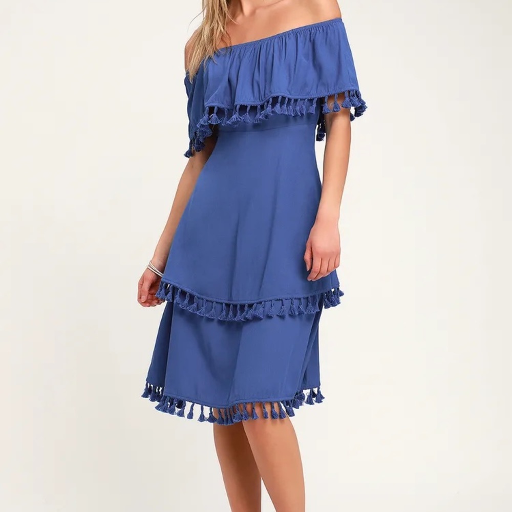 LULUS Off the shoulder Blue Spanish style dress